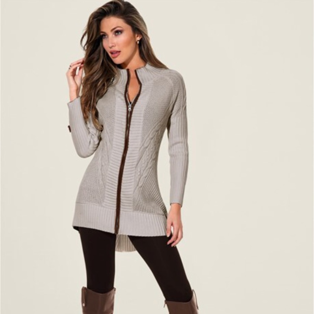 New W/O Tags Venus Faux Leather Trim Zip Cardigan